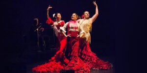 Three Flamenco dancers. Two in red dresses and one in yellow.