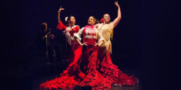 Three Flamenco dancers. Two in red dresses and one in yellow.