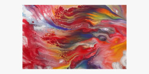 Painting of lots of swirling colours. Mostly red.