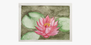 Painting of a red water Lilly with green leaves.